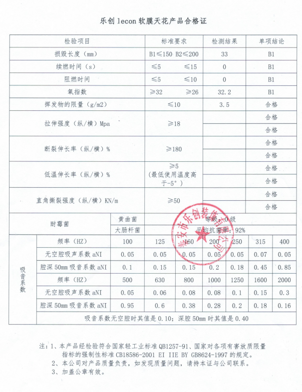 樂(lè)創(chuàng)軟膜天花合格證